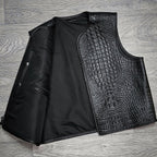 Men's Black Crocodile Embossed Leather Biker Vest