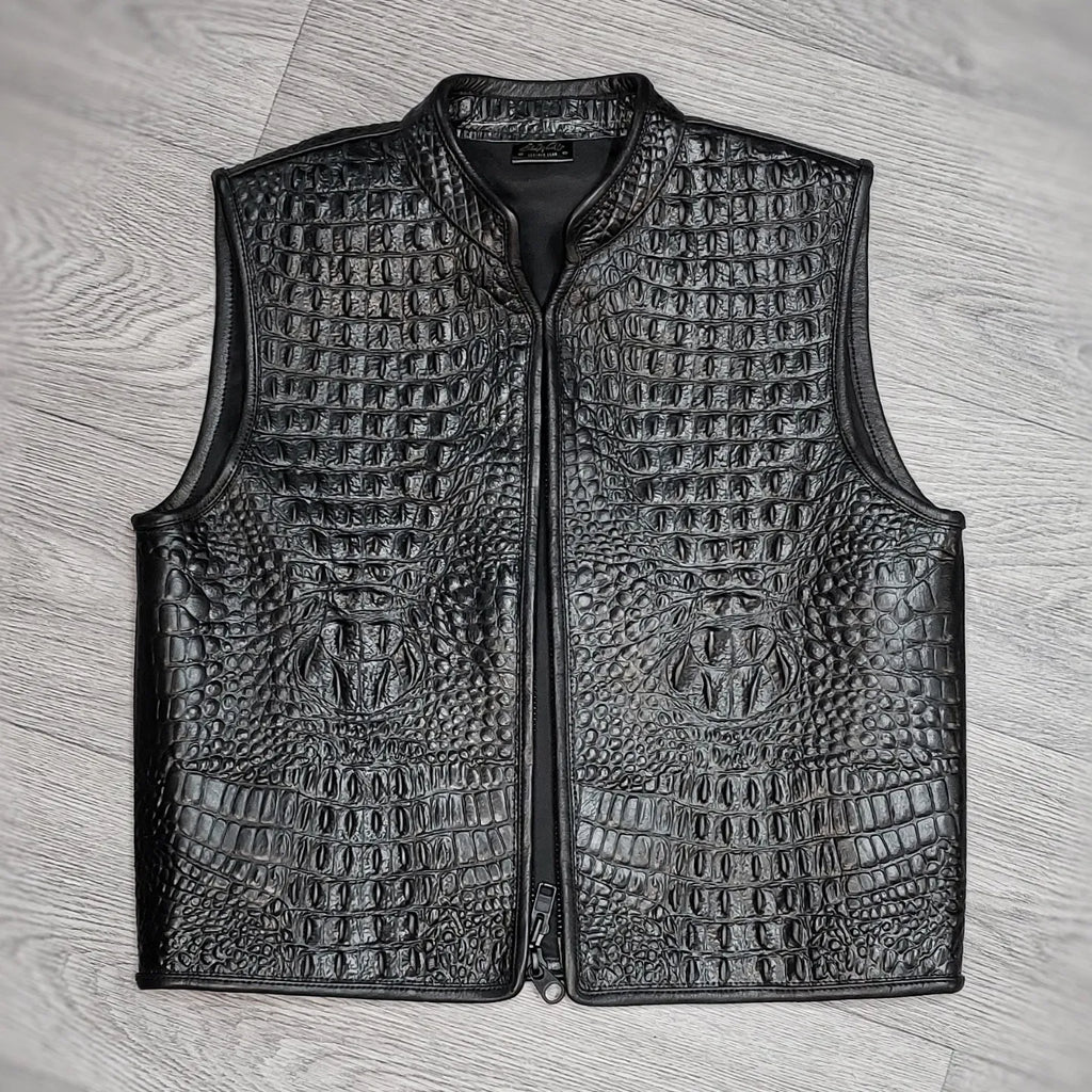Men's Black Crocodile Embossed Leather Biker Vest