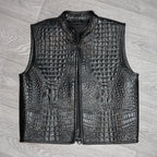 Men's Black Crocodile Embossed Leather Biker Vest