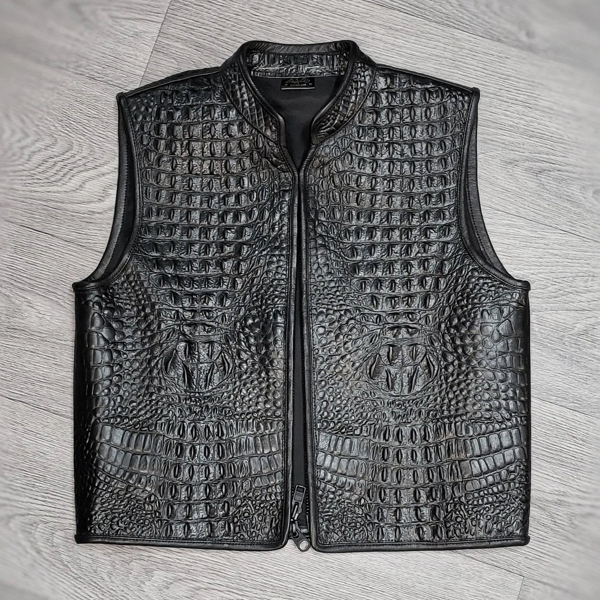 Men's Black Crocodile Embossed Leather Biker Vest