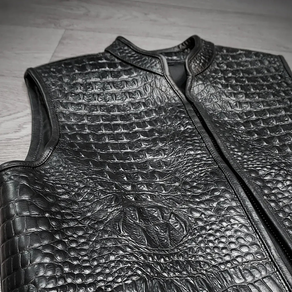 Men's Black Crocodile Embossed Leather Biker Vest