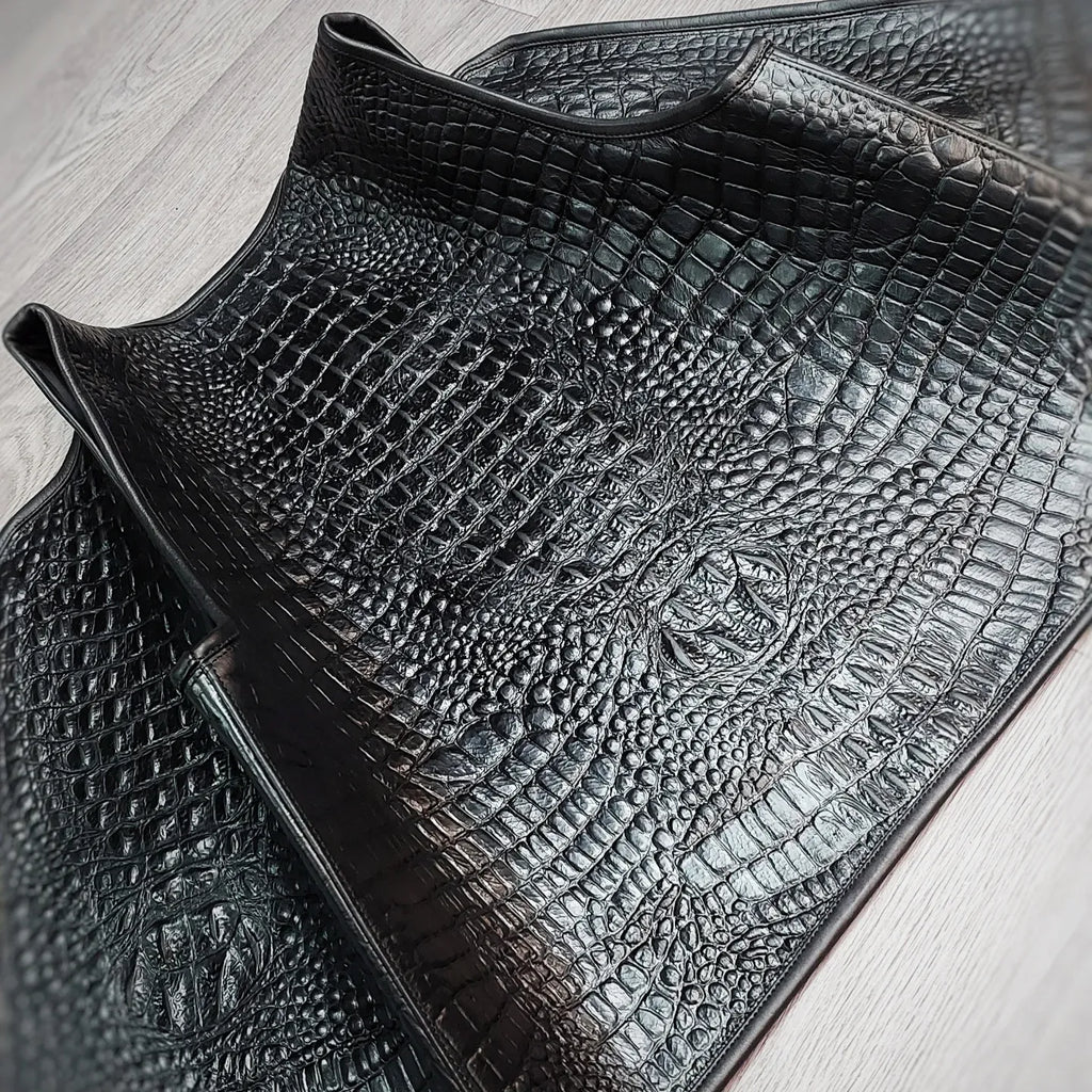 Men's Black Crocodile Embossed Leather Biker Vest