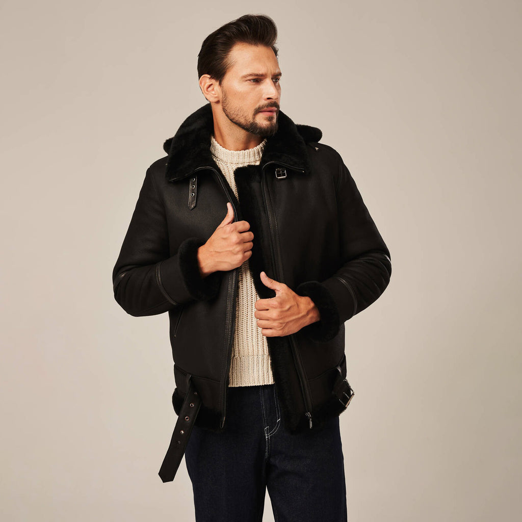 Men's Black Hooded B-3 Belted Shearling Leather Jacket