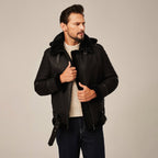 Men's Black Hooded B-3 Belted Shearling Leather Jacket