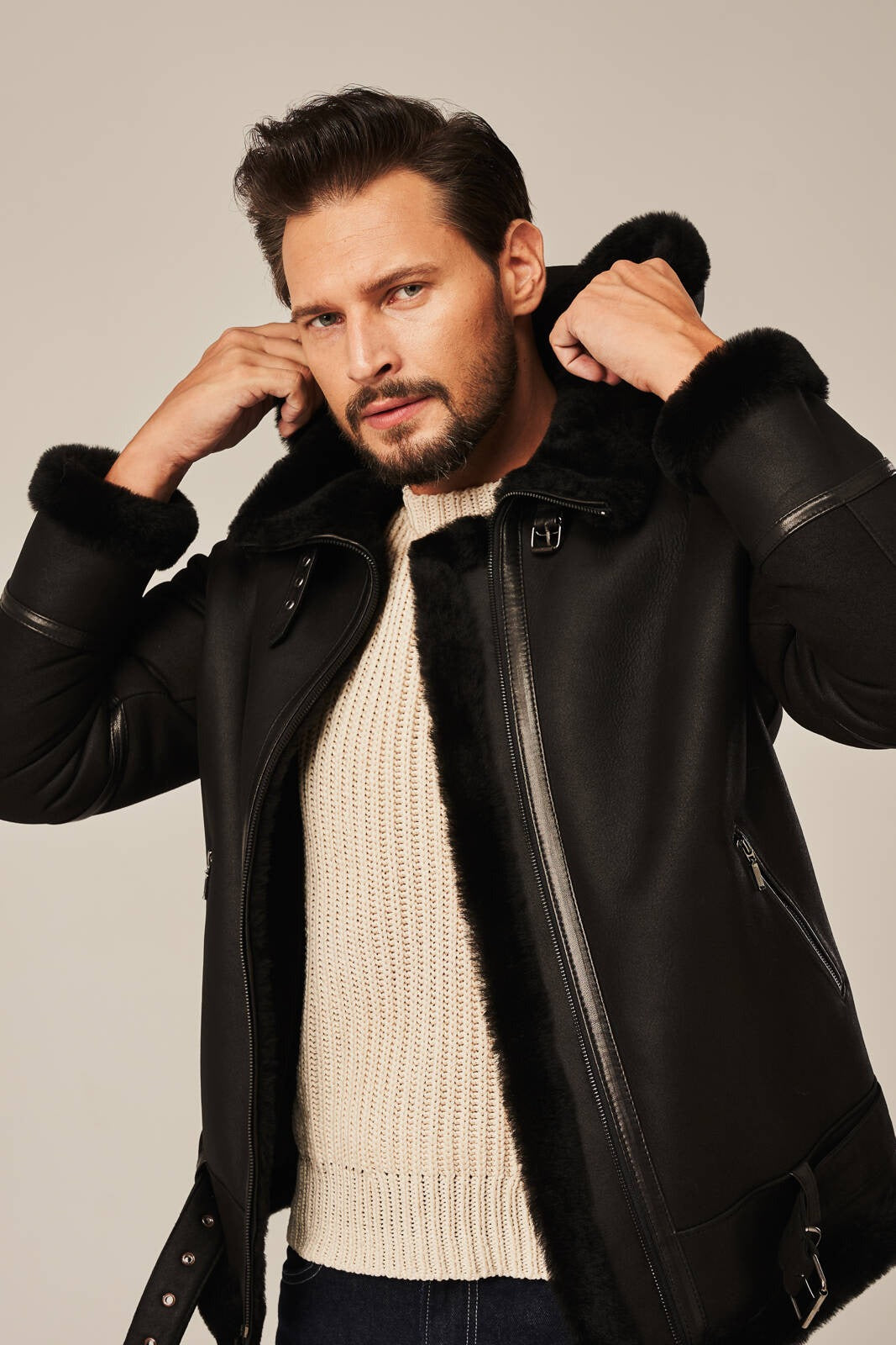 Men's Black Hooded B-3 Belted Shearling Leather Jacket