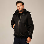 Men's Black Hooded B-3 Belted Shearling Leather Jacket