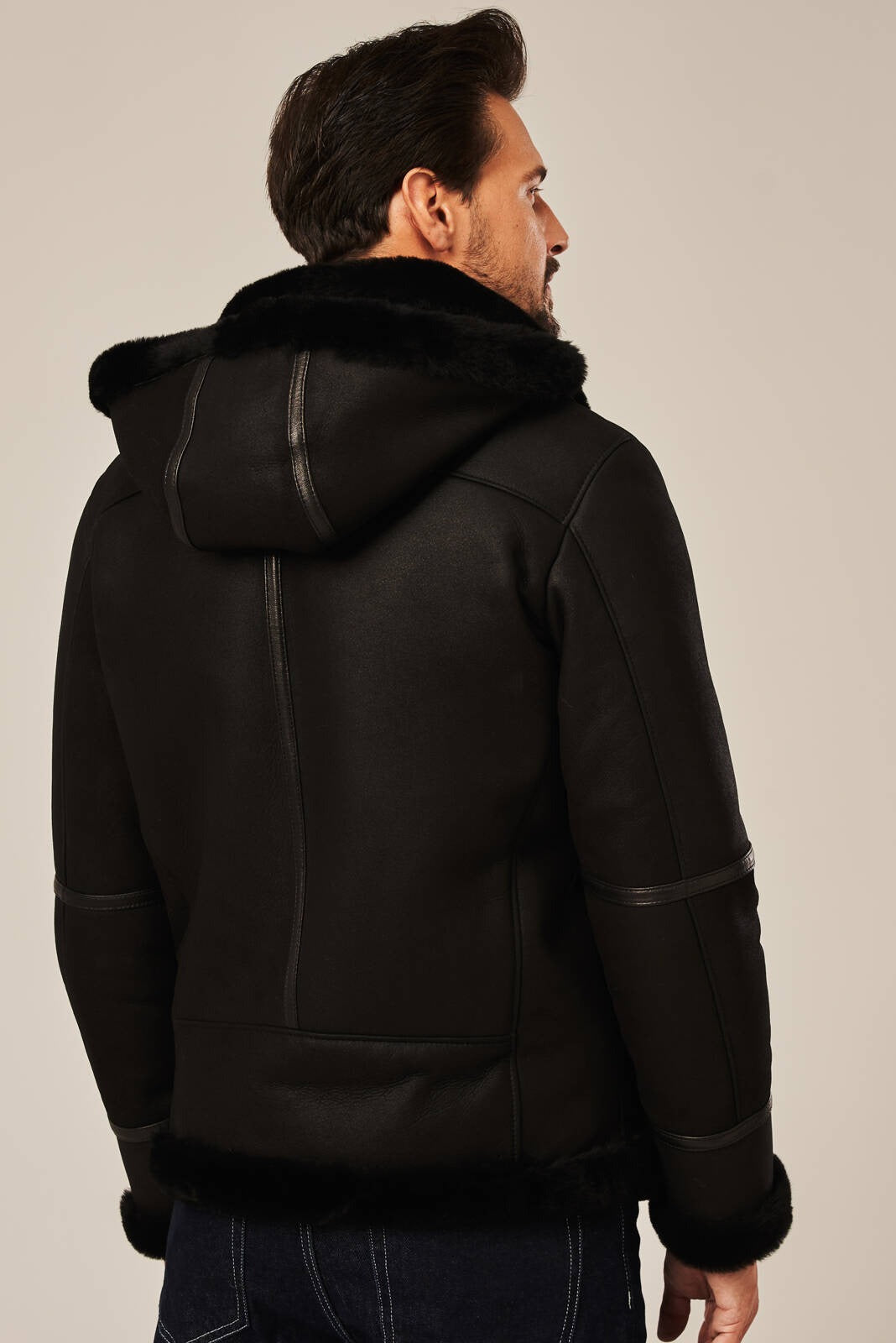 Men's Black Hooded B-3 Belted Shearling Leather Jacket