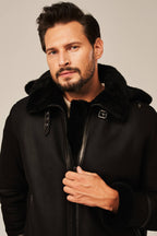 Men's Black Hooded B-3 Belted Shearling Leather Jacket