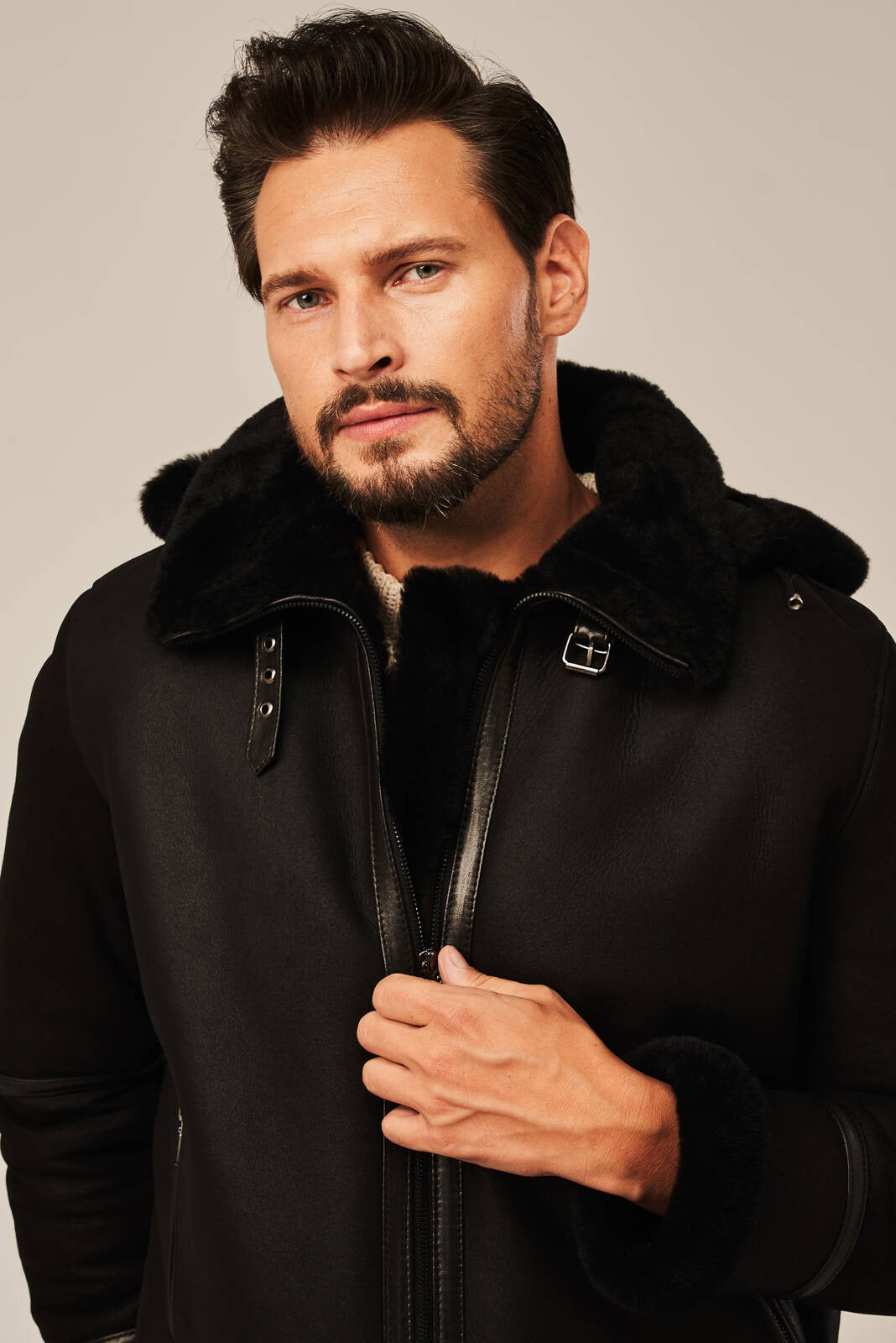 Men's Black Hooded B-3 Belted Shearling Leather Jacket