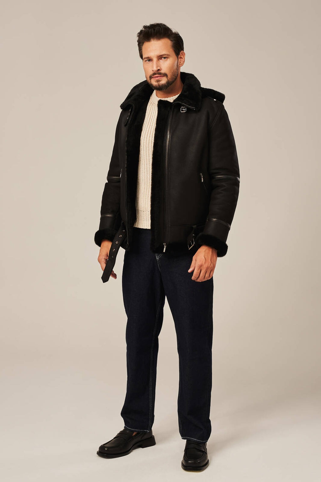 Men's Black Hooded B-3 Belted Shearling Leather Jacket