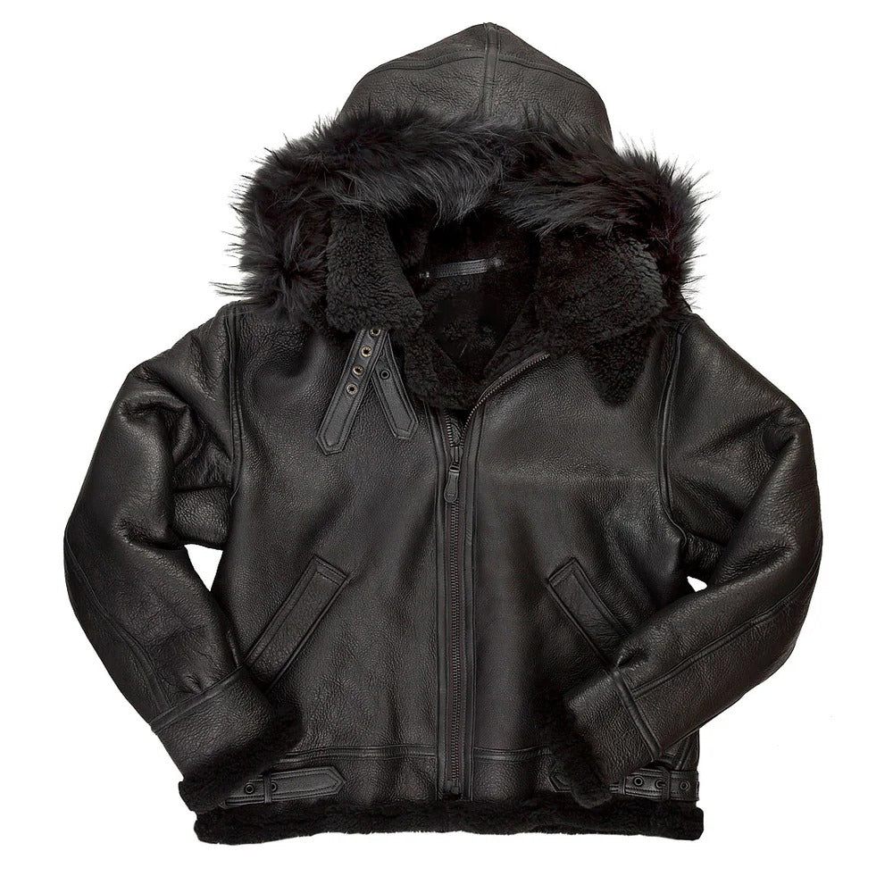 Men's Black Hooded B3 Shearling Bomber Jacket