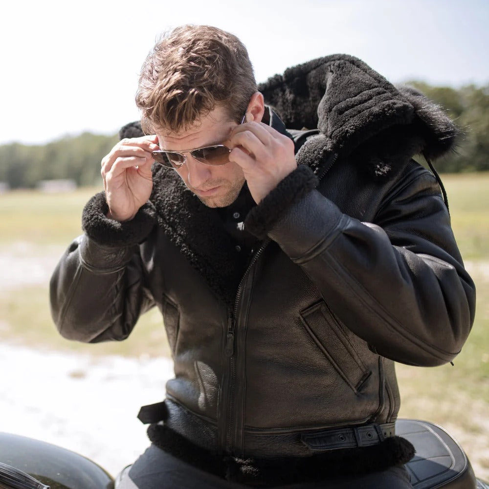 Men's Black Hooded B3 Shearling Bomber Jacket