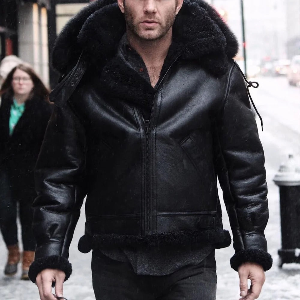 Men's Black Hooded B3 Shearling Bomber Jacket