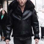 Men's Black Hooded B3 Shearling Bomber Jacket