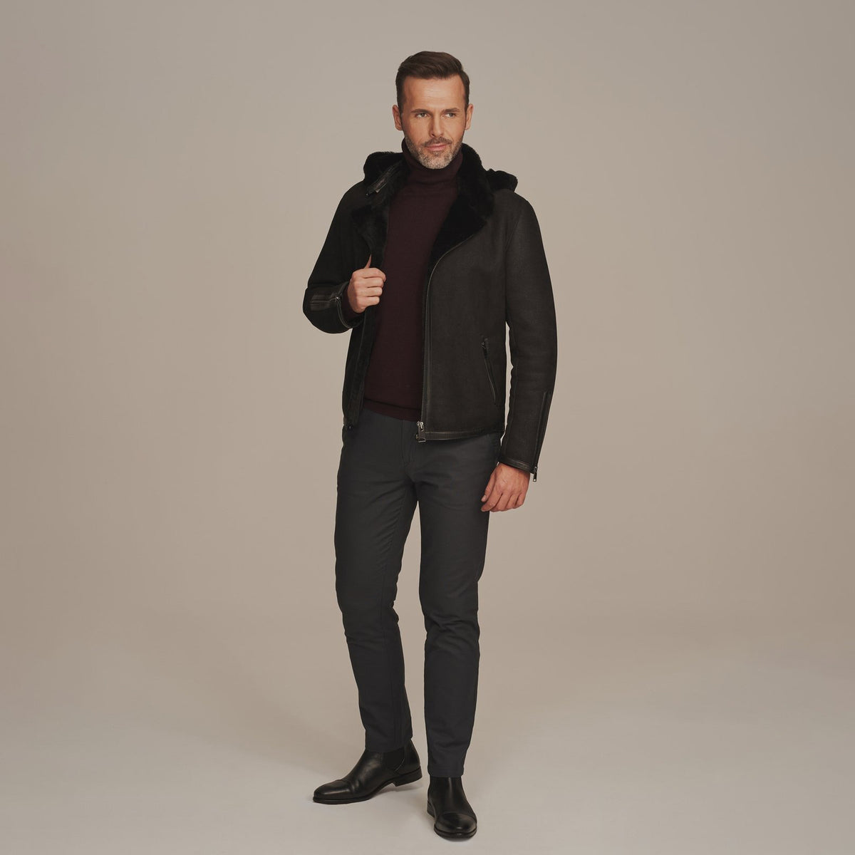 Men's Black Hooded Shearling Leather Jacket