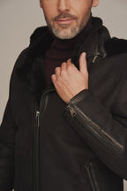 Men's Black Hooded Shearling Leather Jacket