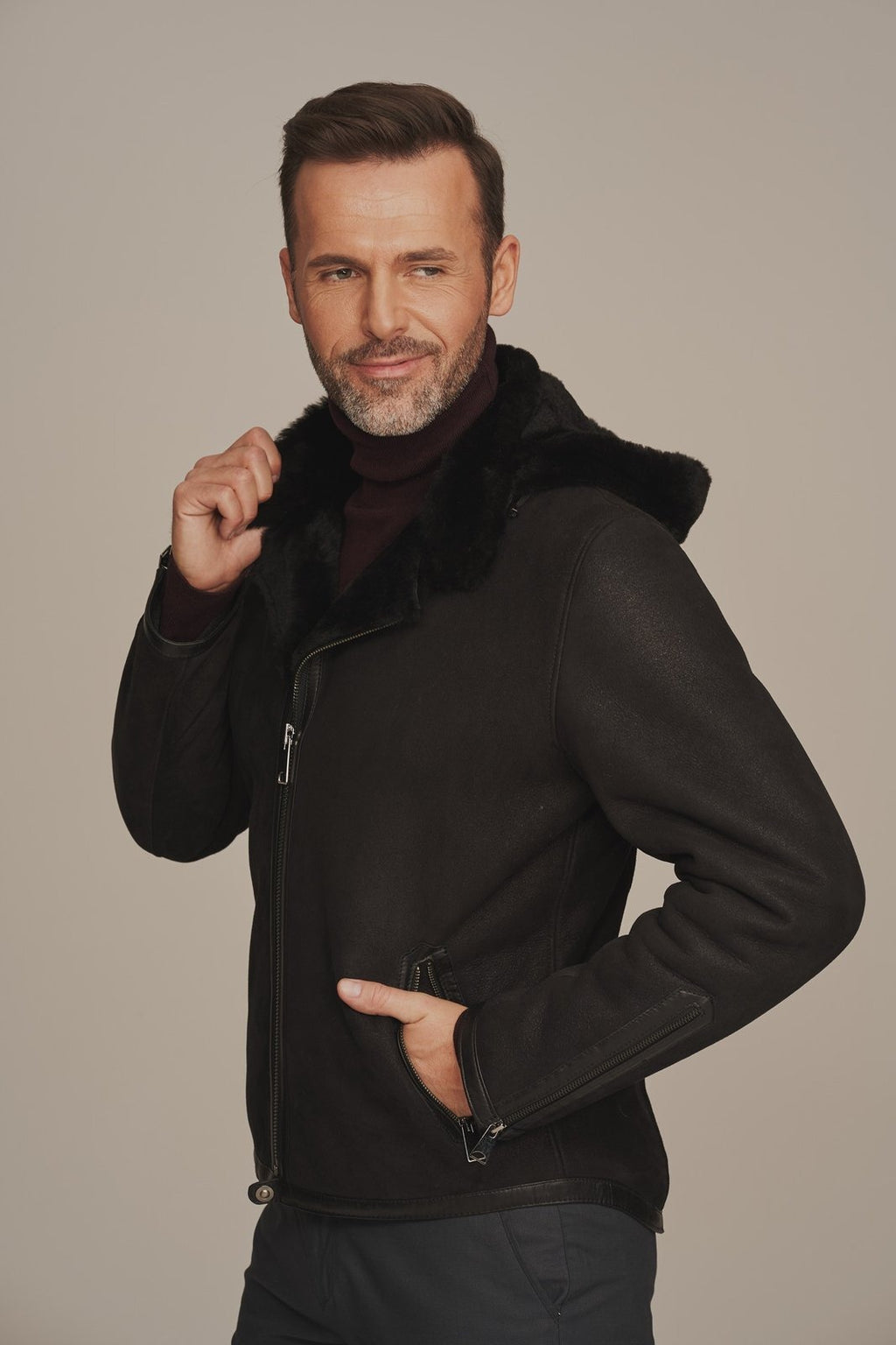 Men's Black Hooded Shearling Leather Jacket