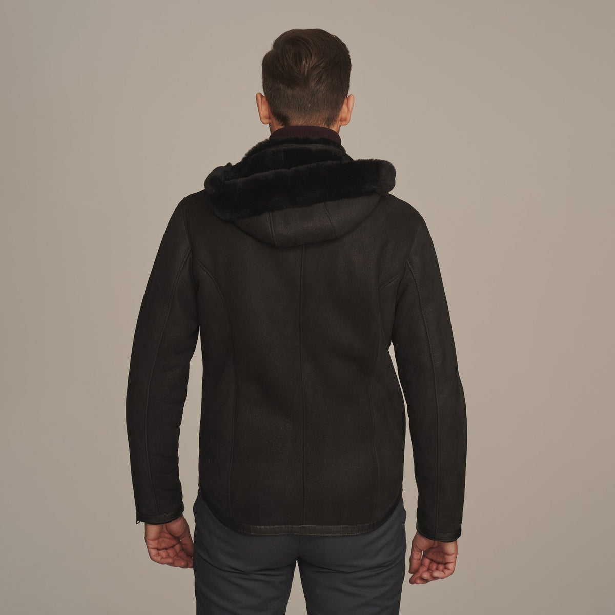Men's Black Hooded Shearling Leather Jacket