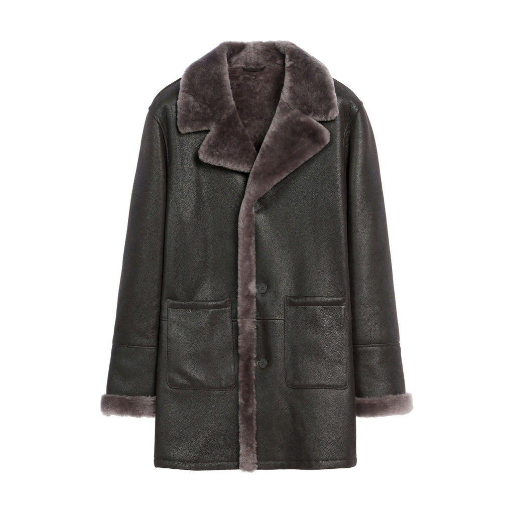 Men’s Black Lambskin Shearling Leather Coat with Fur Collar