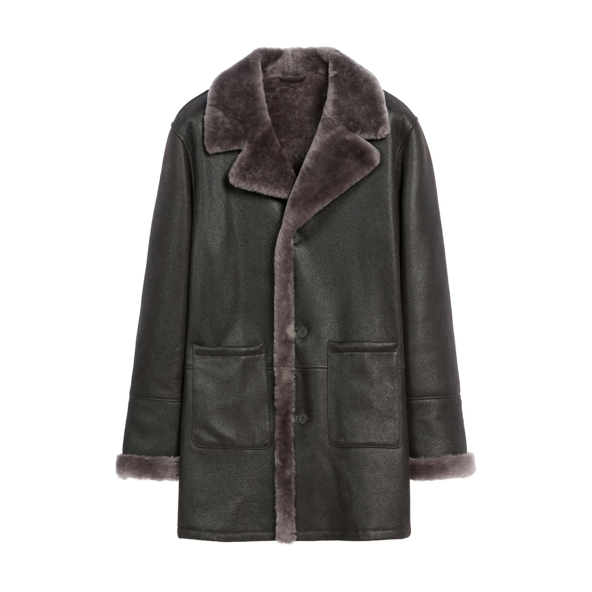Men’s Black Lambskin Shearling Leather Coat with Fur Collar