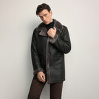 Men’s Black Lambskin Shearling Leather Coat with Fur Collar