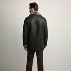 Men’s Black Lambskin Shearling Leather Coat with Fur Collar