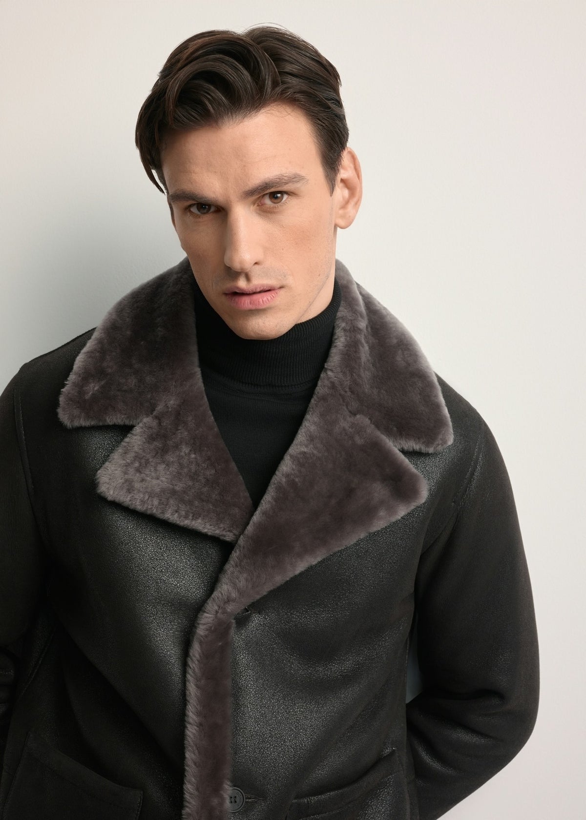 Men’s Black Lambskin Shearling Leather Coat with Fur Collar