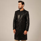 Men's Black Leather Belted Trench Coat