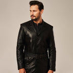 Men's Black Leather Belted Trench Coat