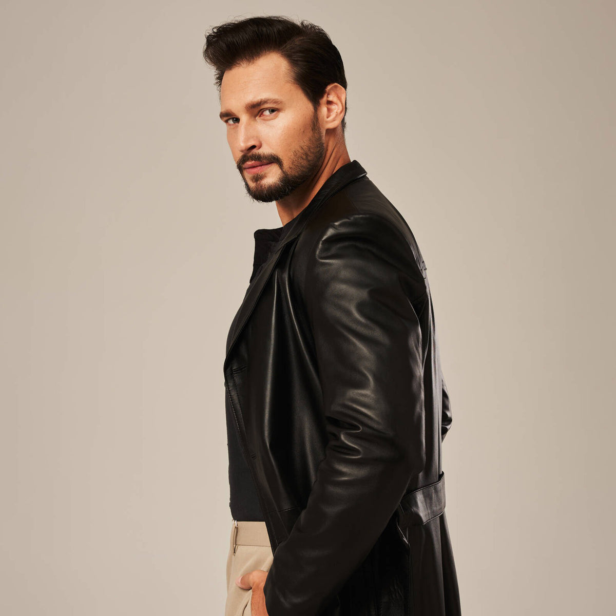 Men's Black Leather Belted Trench Coat