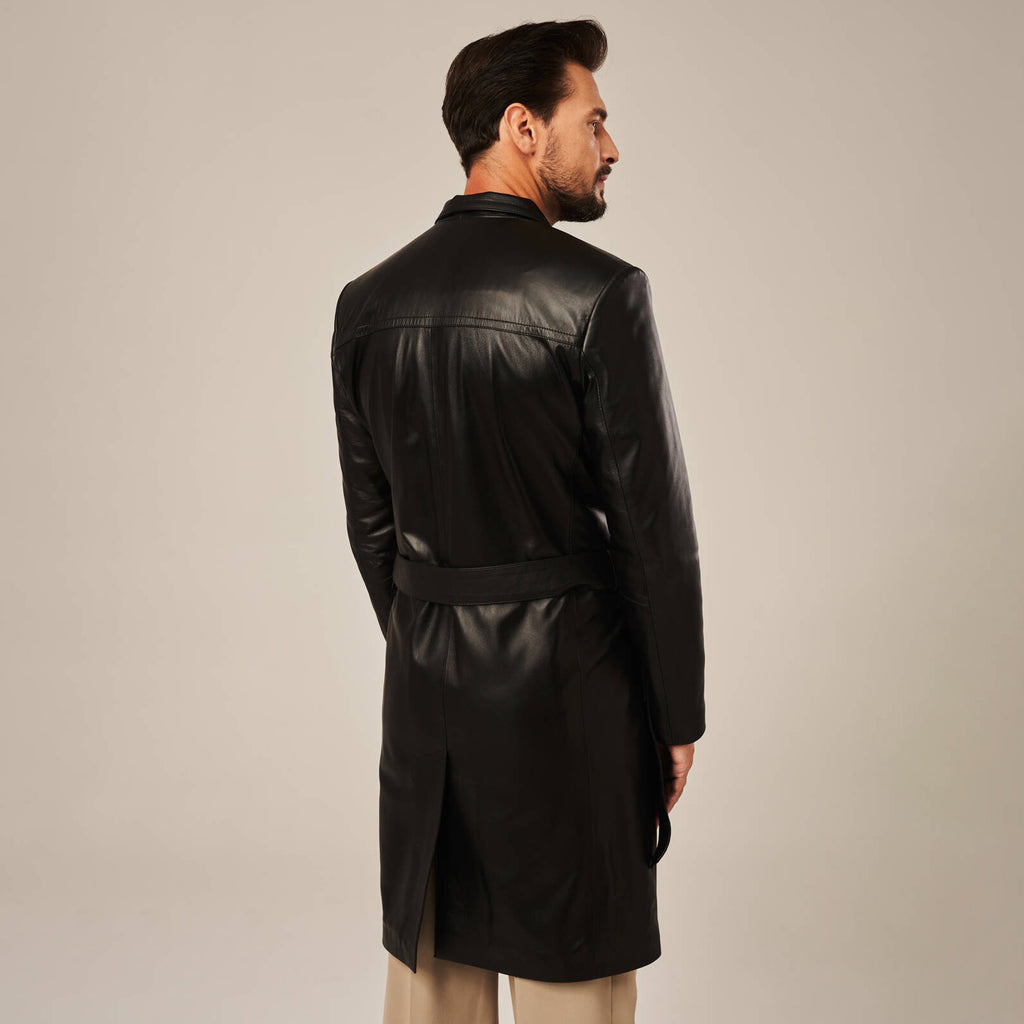 Men's Black Leather Belted Trench Coat