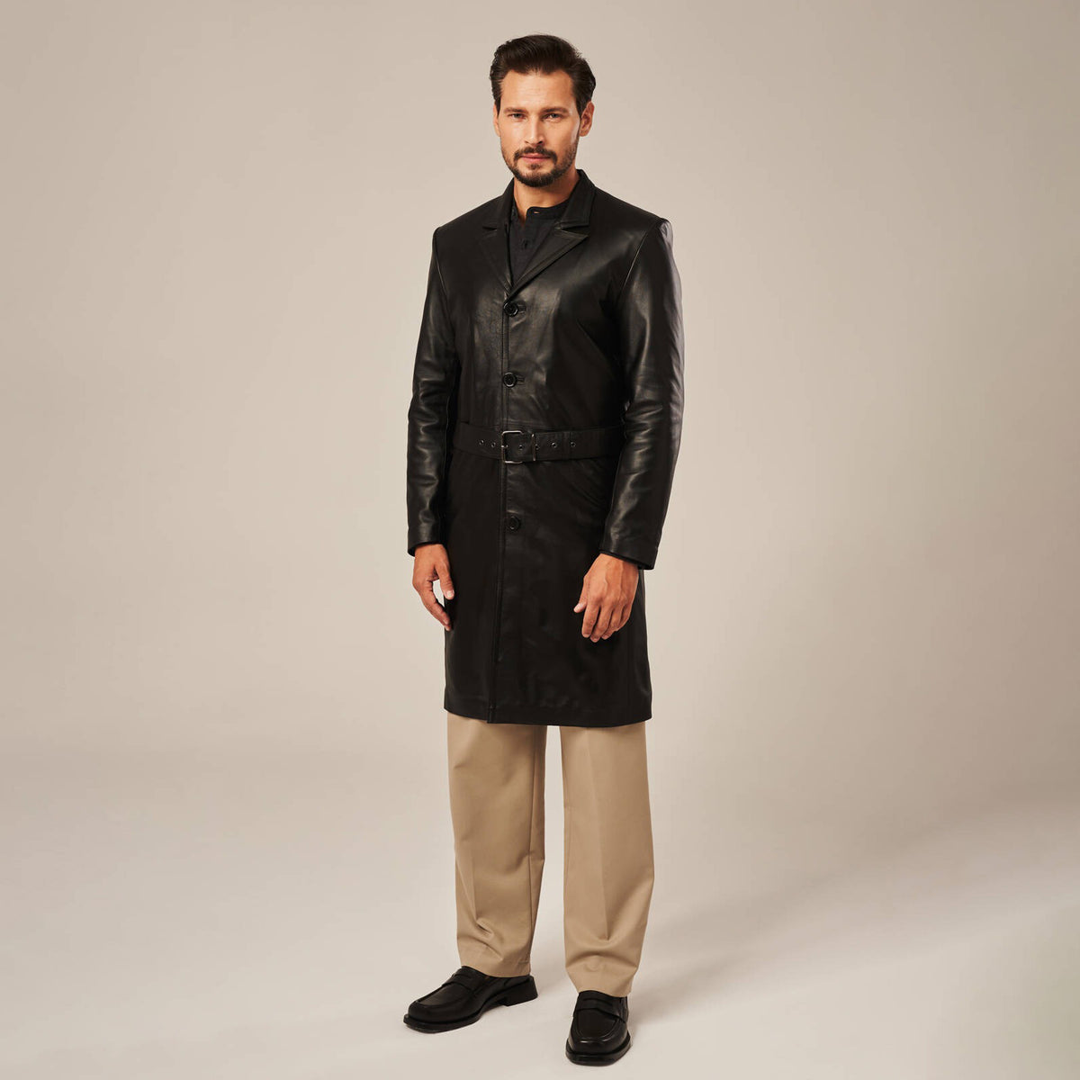Men's Black Leather Belted Trench Coat