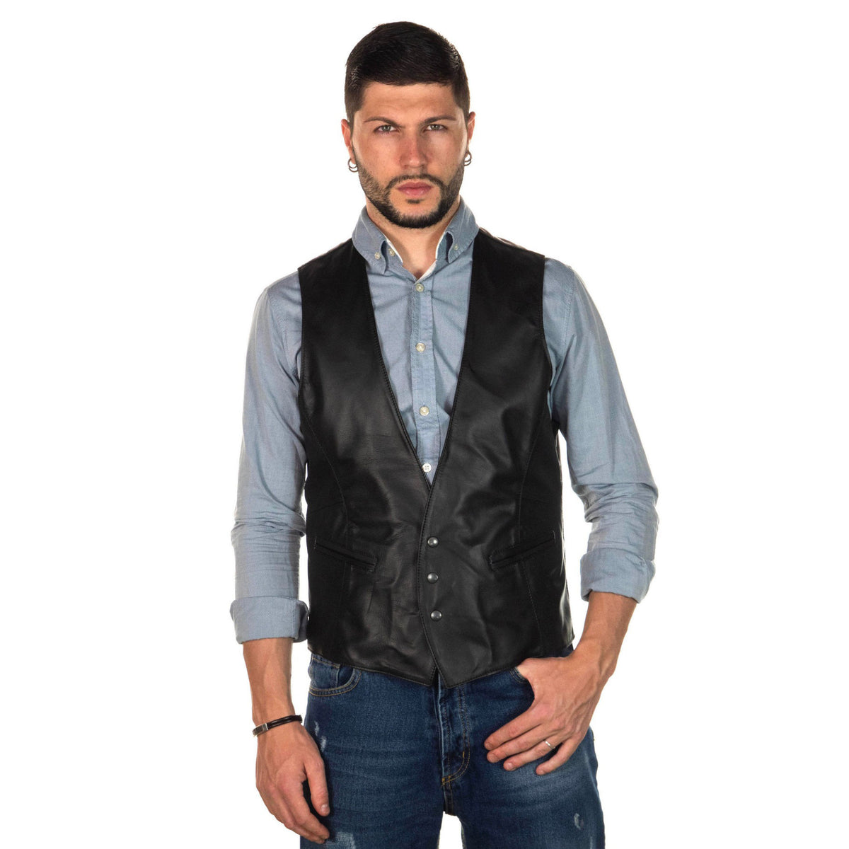 Men's Black Leather Button-Front Dress Waistcoat