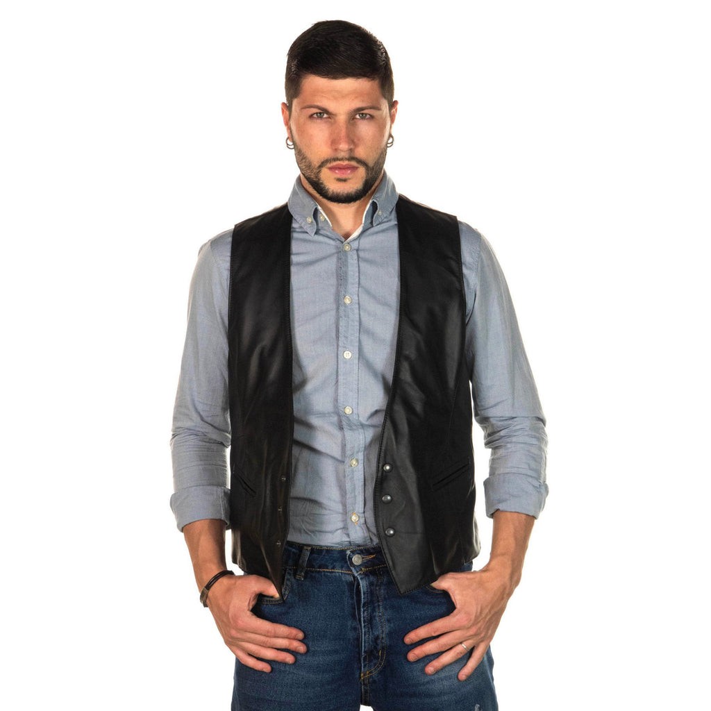 Men's Black Leather Button-Front Dress Waistcoat