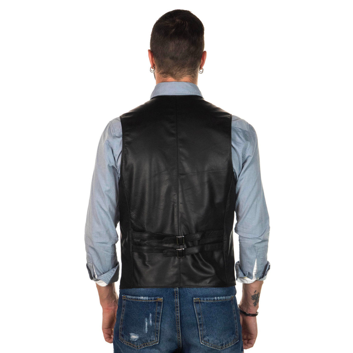 Men's Black Leather Button-Front Dress Waistcoat