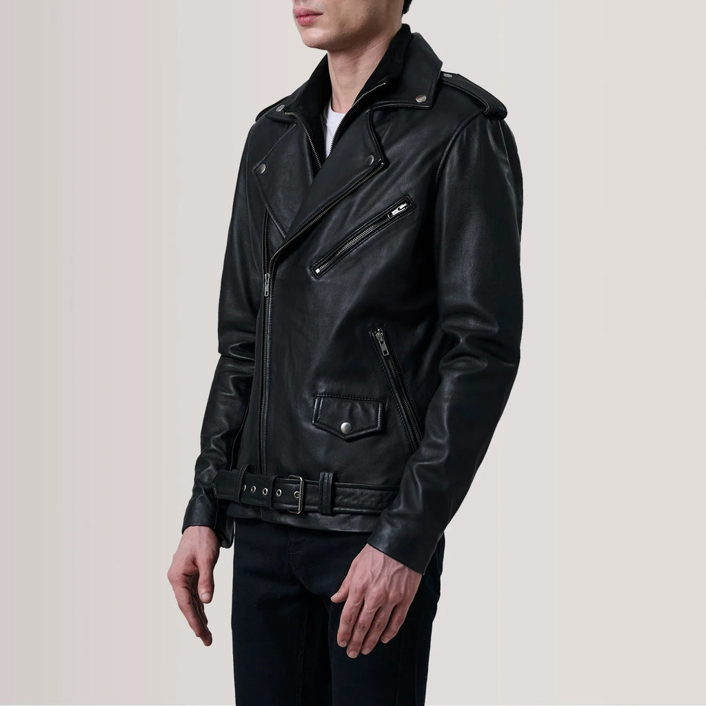 Men's Black Leather Double Rider Biker Jacket