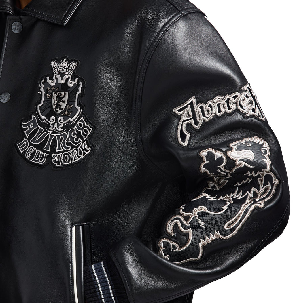 Men's Black Leather Goth Varsity Jacket | New York Lion Crest Edition