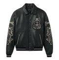 Men's Black Leather Goth Varsity Jacket | New York Lion Crest Edition
