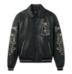 Men's Black Leather Goth Varsity Jacket | New York Lion Crest Edition