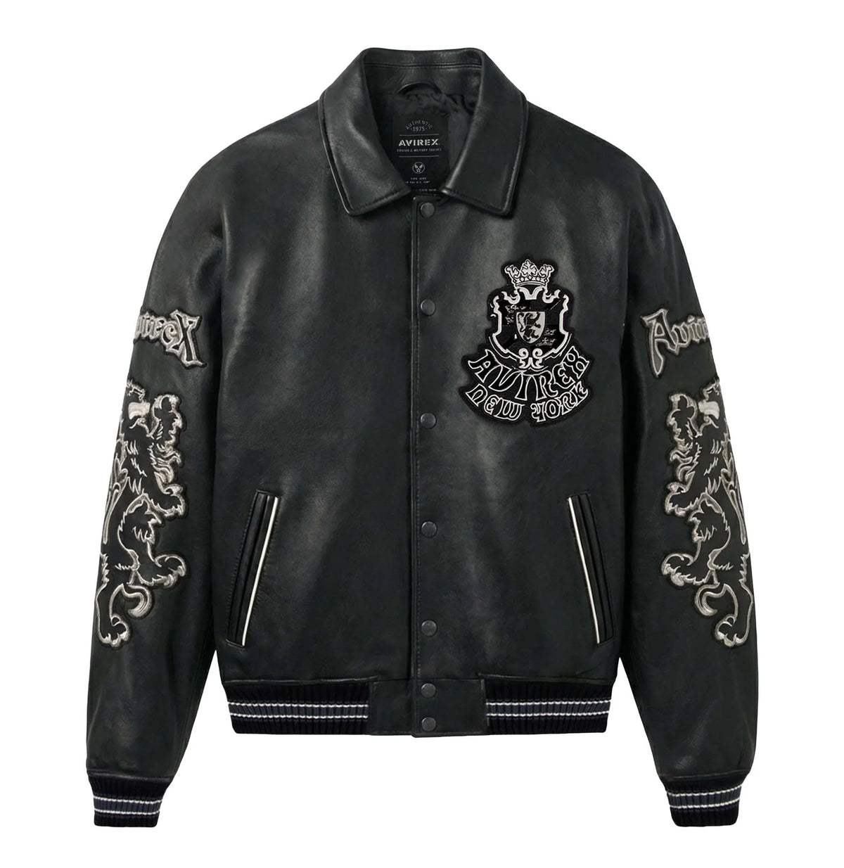 Men's Black Leather Goth Varsity Jacket | New York Lion Crest Edition