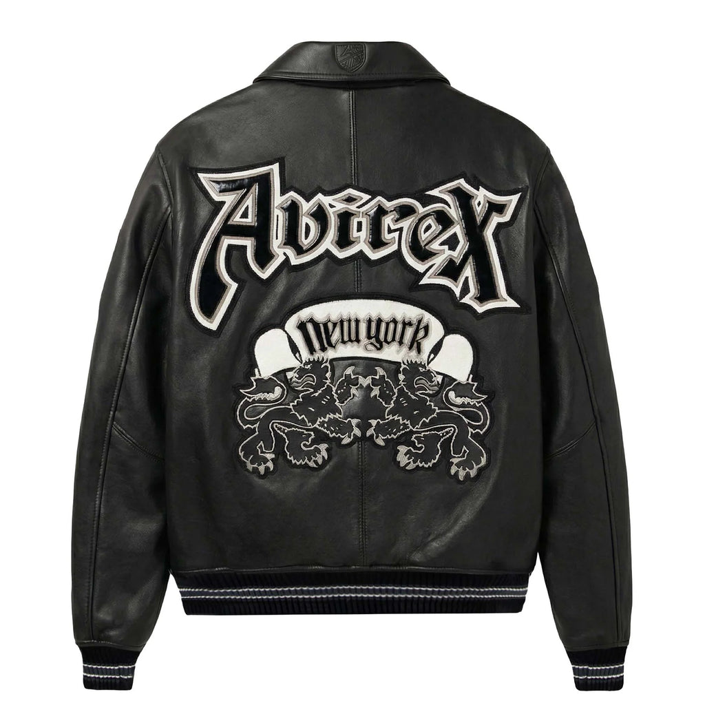 Men's Black Leather Goth Varsity Jacket | New York Lion Crest Edition