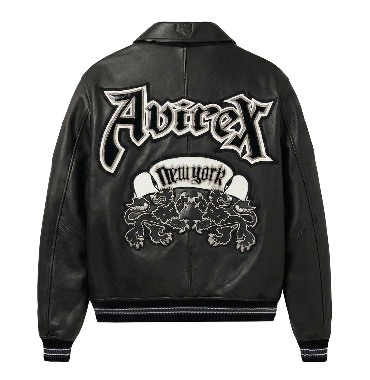 Men's Black Leather Goth Varsity Jacket | New York Lion Crest Edition