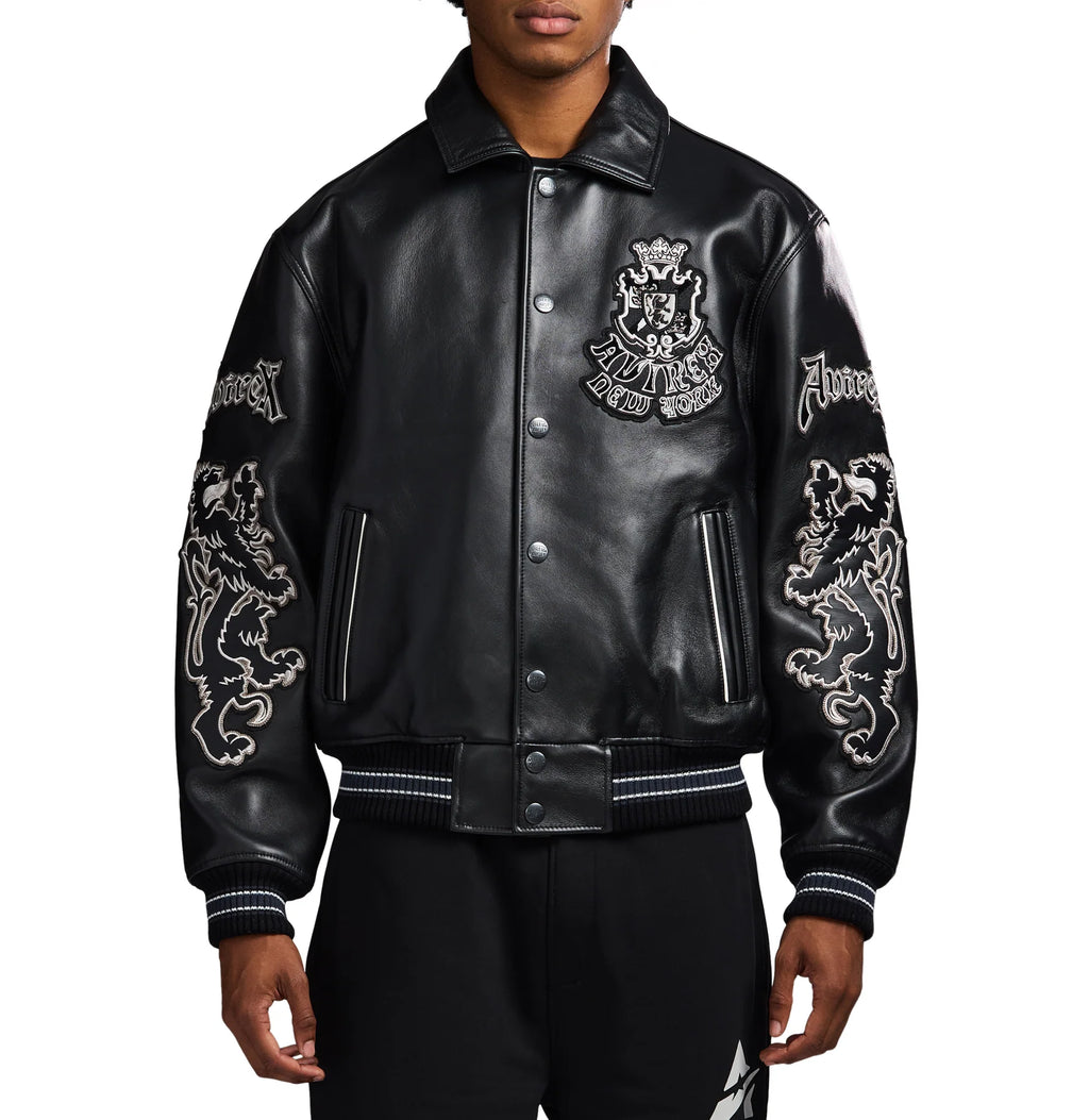 Men's Black Leather Goth Varsity Jacket | New York Lion Crest Edition