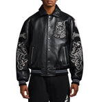 Men's Black Leather Goth Varsity Jacket | New York Lion Crest Edition