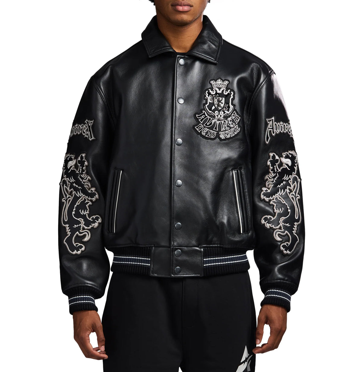 Men's Black Leather Goth Varsity Jacket | New York Lion Crest Edition