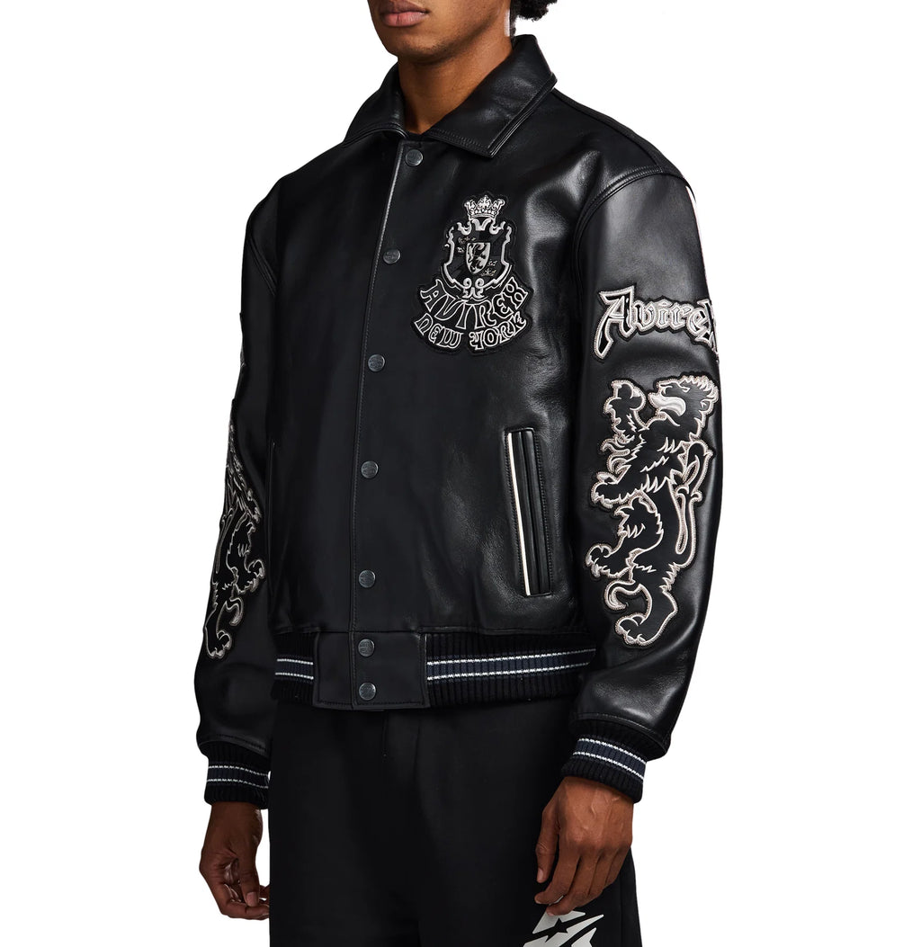 Men's Black Leather Goth Varsity Jacket | New York Lion Crest Edition