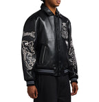 Men's Black Leather Goth Varsity Jacket | New York Lion Crest Edition