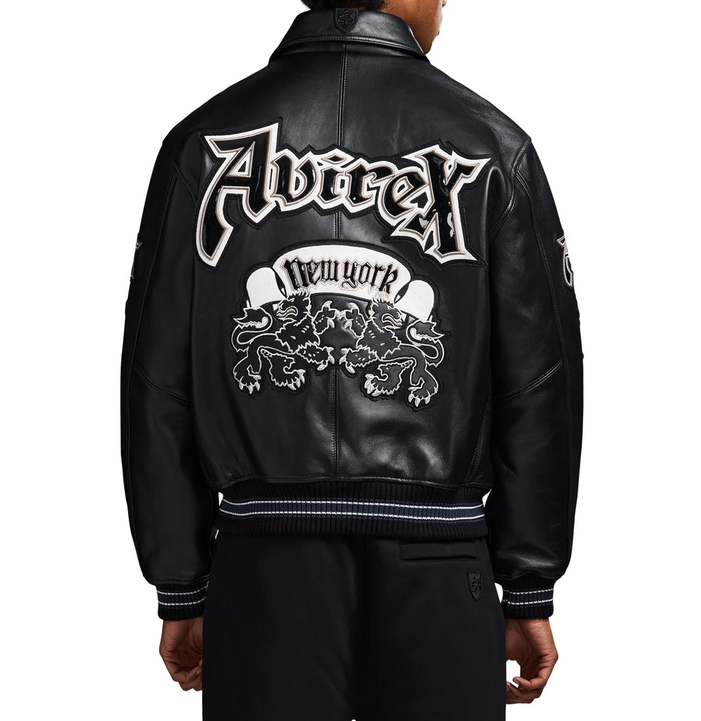 Men's Black Leather Goth Varsity Jacket | New York Lion Crest Edition