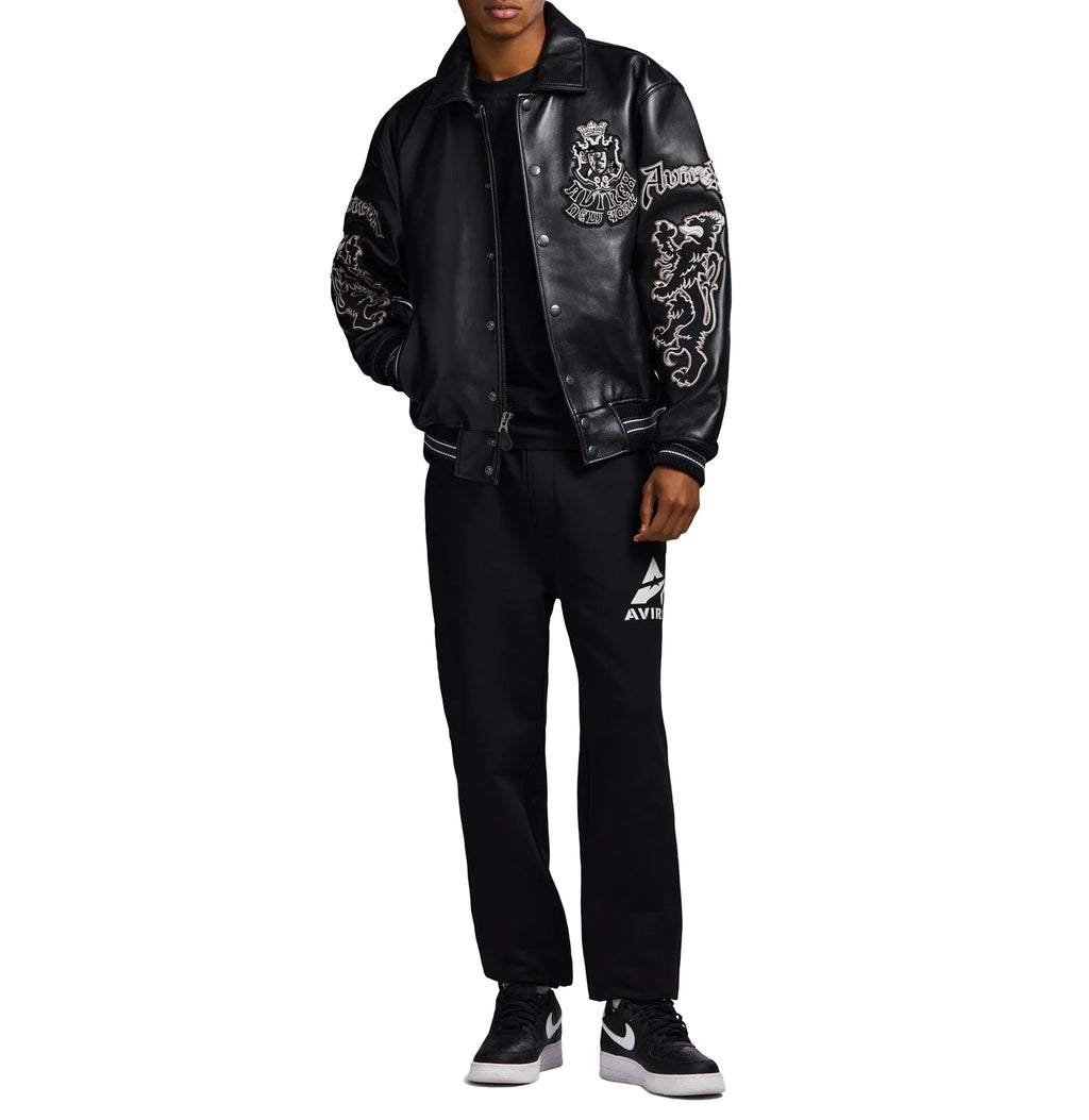 Men's Black Leather Goth Varsity Jacket | New York Lion Crest Edition