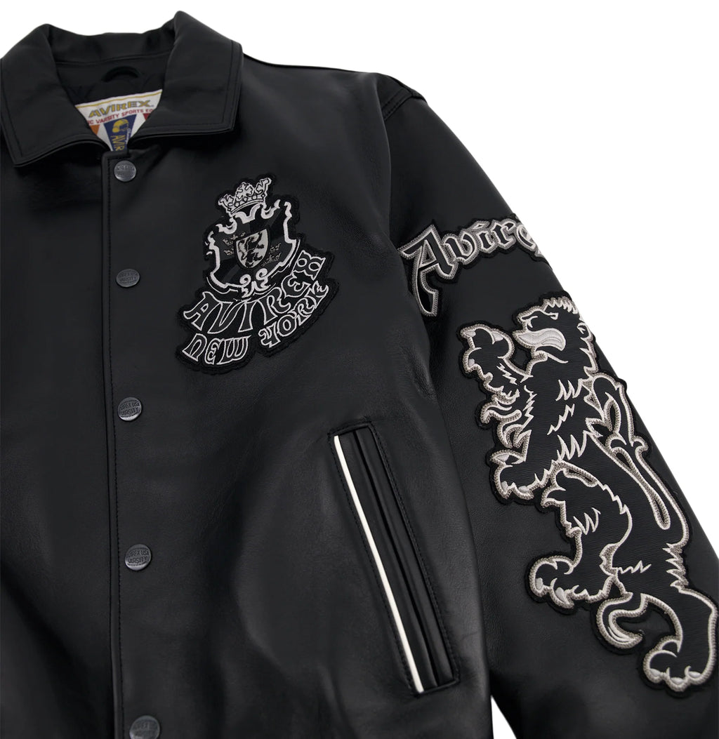 Men's Black Leather Goth Varsity Jacket | New York Lion Crest Edition